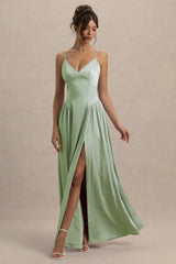 Jonas | Light Green Plunge-Neck Maxi Dress With Cami Straps