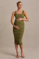Lisbon | Olive Maternity Square Neck Ruched Midi Dress