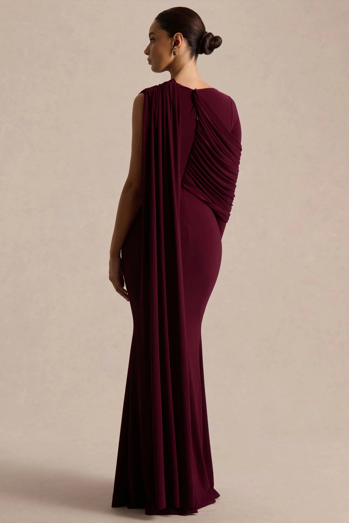 Rubelle | Burgundy Asymmetric Neck Maxi Dress With Draped Detailing