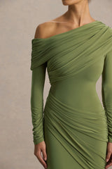 Perrie | Olive Asymmetric-Neck Maxi Dress With Ruched Detailing