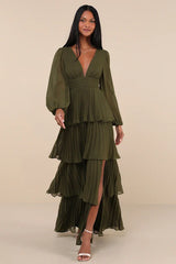 Graceful Finesse Olive Green Pleated Long Sleeve Maxi Dress
