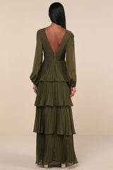 Graceful Finesse Olive Green Pleated Long Sleeve Maxi Dress