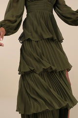 Graceful Finesse Olive Green Pleated Long Sleeve Maxi Dress