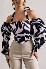 Theatric | Zebra Print Halter-Neck Corset Top With Puff-Sleeves