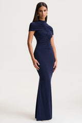 Azaria | Navy High-Neck Maxi Dress With Ruched Detailing