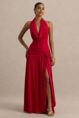 Mist | Red Plunge-Neck Maxi Dress With Sash Detail And Front High Split