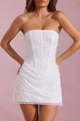 Embellished Draped Strapless A-Line Mini Dress in White