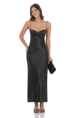 Satin Back Tie Maxi Dress in Black