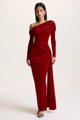Hadria | Red Velvet Asymmetric-Neck Maxi Dress With Sash-Detail