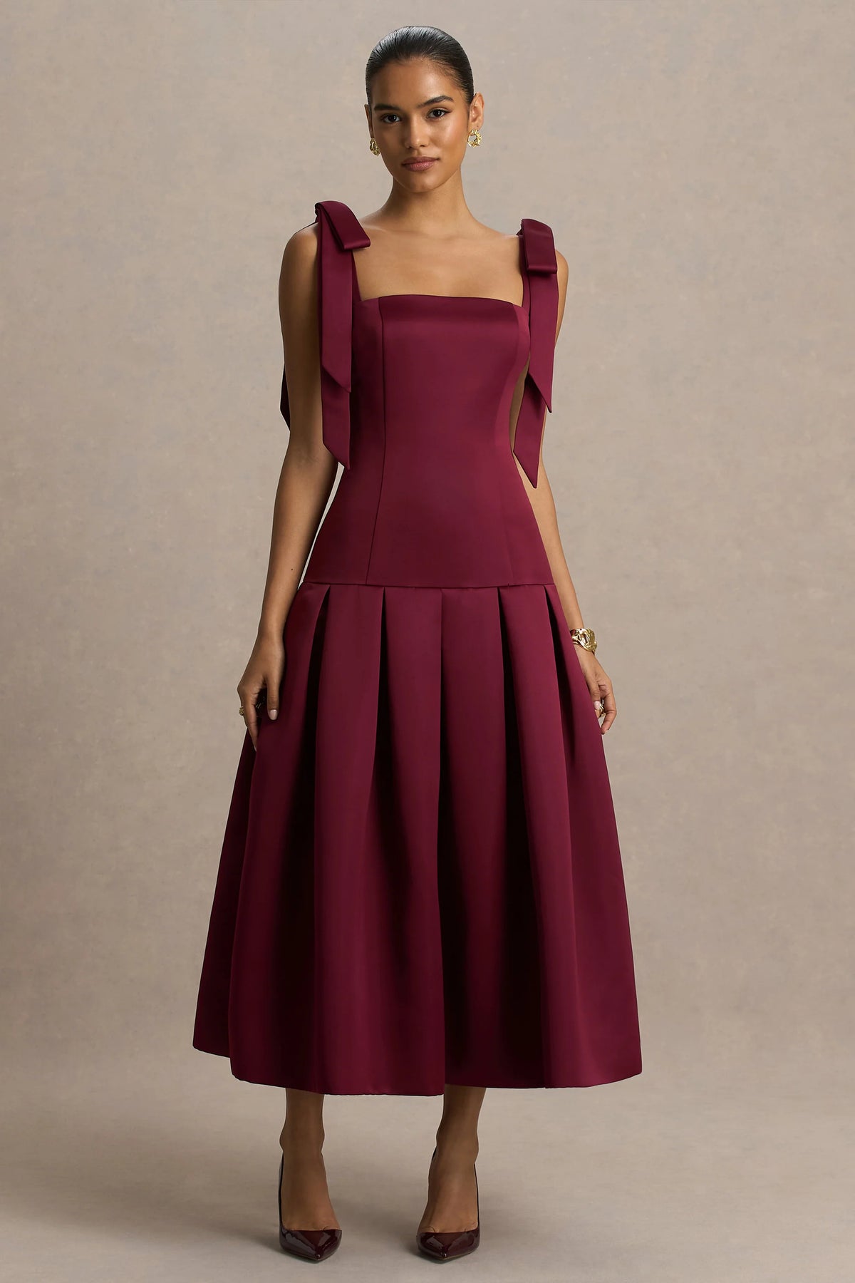 Alberta | Burgundy Satin Midi Dress With Bow Straps
