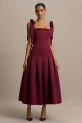 Alberta | Burgundy Satin Midi Dress With Bow Straps