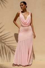 Meggie | Pink Plunge-Neck Twisted Maxi Dress With Chiffon Skirt