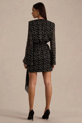 Mela | Black And White Polka Dot Plunge-Neck Mini Dress With Bell-Sleeves And Sash Detail