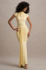 Lorenza | Pale Lemon High-Neck Ruched Maxi Dress With Draped Skirt