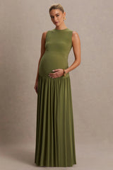 Outline | Olive High-Neck Maternity Maxi Dress With Draped Skirt