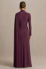 Anticipation | Burgundy High-Neck Maxi Dress With Front Split And Ruched Detailing