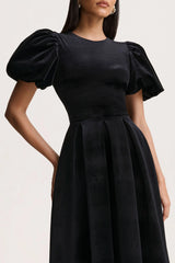 Seraphic | Black Velvet Puff-Sleeve Midi Dress