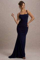 Adele | Navy Backless Ruched Fishtail Cami Maxi Dress