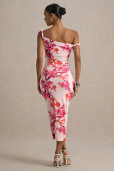 Tatian | Pink and Orange Floral Print Twisted Asymmetric Midi Dress