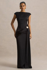 Influence | Black Satin Slashed-Neck Maxi Dress With Embellished and Ruched Details