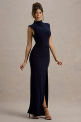 Lanetta | Navy Ruched High-Neck Maxi Dress With Split