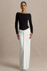 Matilda | Black And White Boat-Neck Maxi Dress With Ruched Detailing