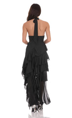 Asymmetrical Ruffle Maxi Dress in Black
