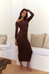 Winter Goddess Off Shoulder Long Sleeve Maxi Dress Brown