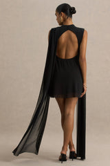 Riad | Black Chiffon Mini Dress With Sheer Bodice Two-Sleeve Cape