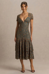 Sabrina | Dark Green And Rust Embroidered Plunge-Neck Midi Dress
