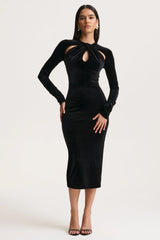 Francine | Black Velvet Round-Neck Midi Dress With Cut-Out Details