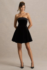 Mina | Black Velvet And Satin Bandeau-Neck Skater Mini Dress