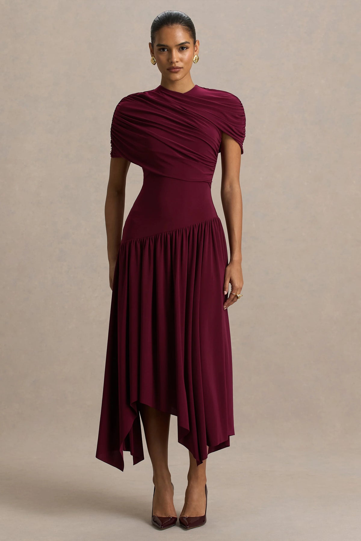 Ione | Burgundy Wrapped Midi Dress With Hanky Hem