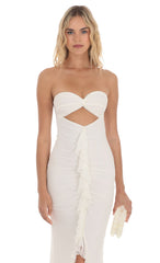 Mesh Cutout Ruffle Maxi Dress in White
