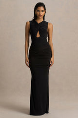 Kendall | Black V-Neck Wrapped Maxi Dress With Chest Cut-Out