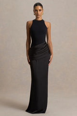 Akari | Black High-Neck Maxi Dress With Satin Skirt