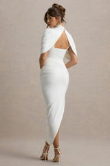 Enchant | White Asymmetric Twisted Cape Midi Dress