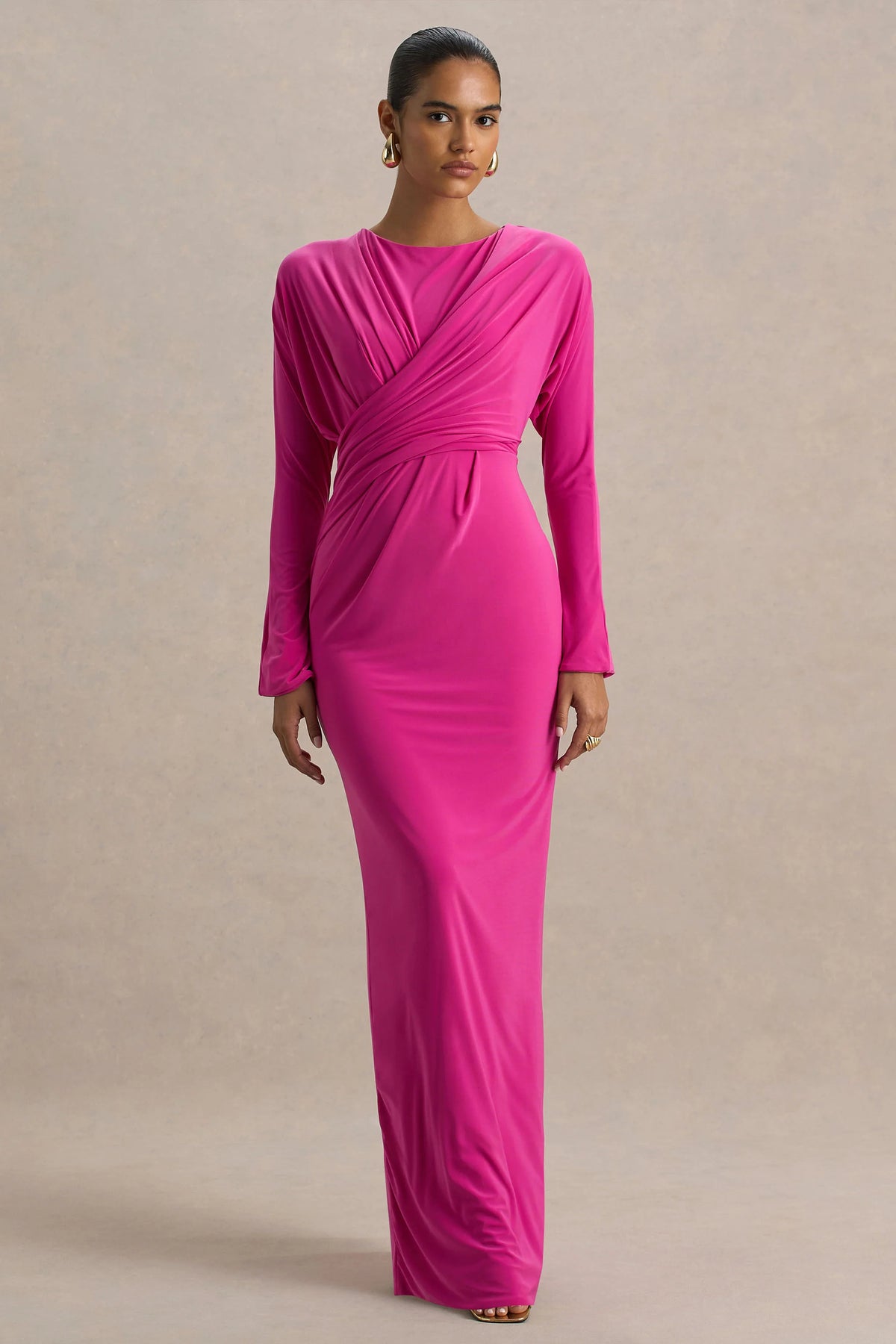 Regina | Hot Pink High-Neck Draped Wrap Maxi Dress