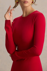 Liberty | Red High Neck Mermaid Maxi Dress With Ruffling Detail