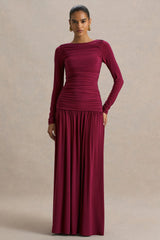 Aniyah | Burgundy High-Neck Maxi Dress With Ruched Detailing