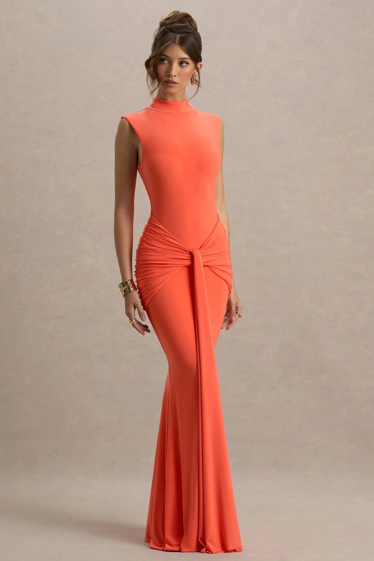 Graziana | Coral High-Neck Gathered Draped Maxi Dress