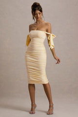 Citrus | Pale Lemon Bardot Bodycon Midi Dress With Bow Sleeves