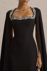 Glossy | Black Woven Square-Neck Maxi Dress With Cape Sleeves and Hand-Embellished Detail