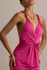 Santez | Hot Pink Twisted Plunge-Neck Maxi Dress