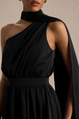 Caluna | Black Satin Asymmetric-Neck Midi Dress With Scarf-Detail