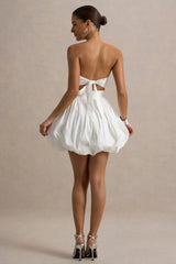 Faye | White Puff Ball Bandeau Micro Mini Dress With Ruching Details
