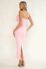 She Just Knows Ruched Flower Bust Maxi Dress Pink