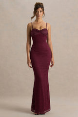 Juana | Burgundy Sweetheart-Neck Satin And Lace Maxi Dress