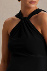 Lyra | Black Cross Halter-Neck Maxi Dress With Cape