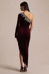 Nyssa | Burgundy Embellished Asymmetric-Neck Maxi Dress